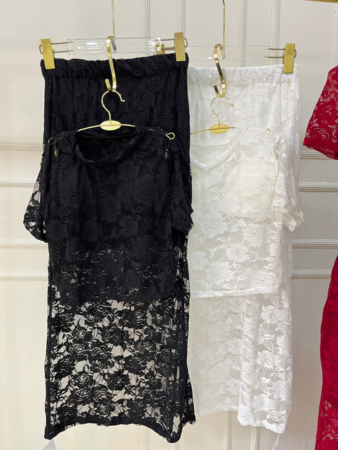 Women Padded Lace Tops With Side Slit Skirts